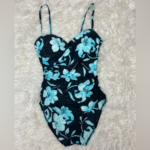 Oscar de la Renta Vintage One Piece Swimsuit‎ Blue and Black Floral Size 8